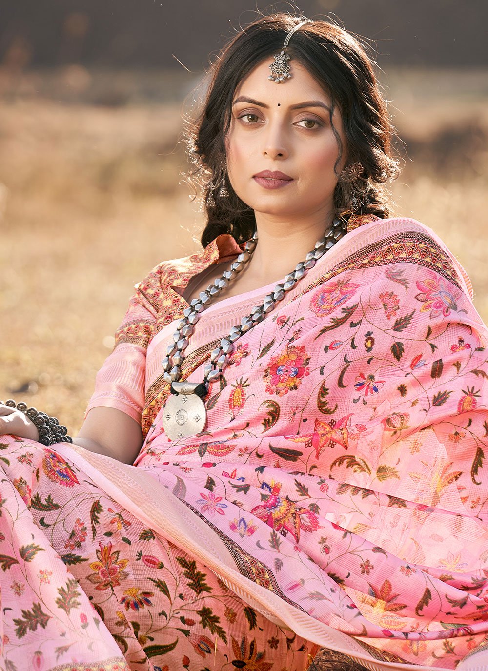 Classic Cotton Jacquard Pink Patch Border Saree