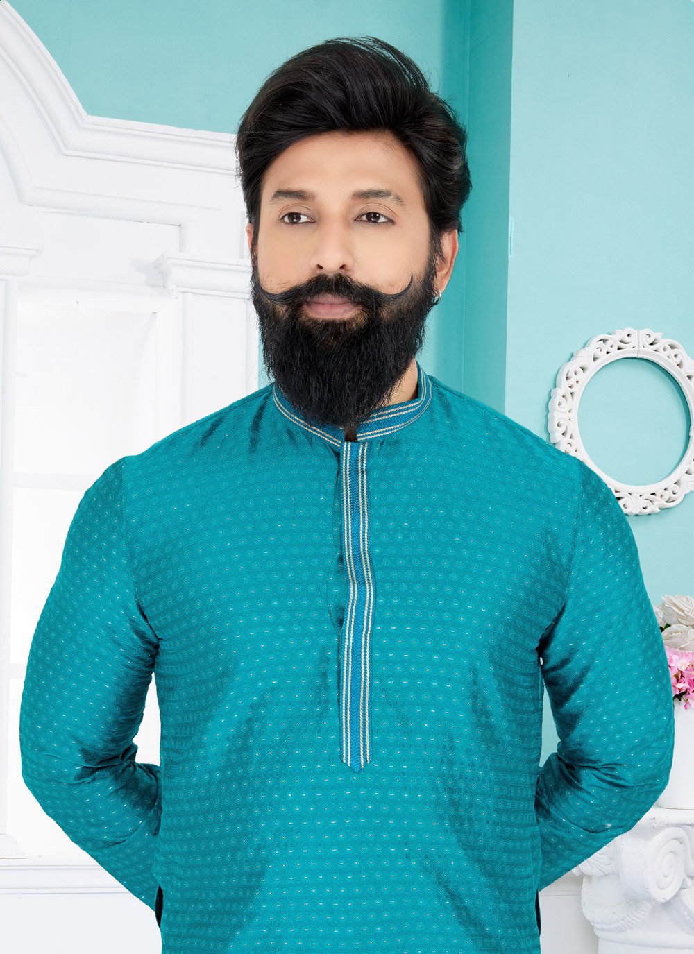 Kurta Pyjama Cotton Jacquard Sea Green Jacquard Work Mens