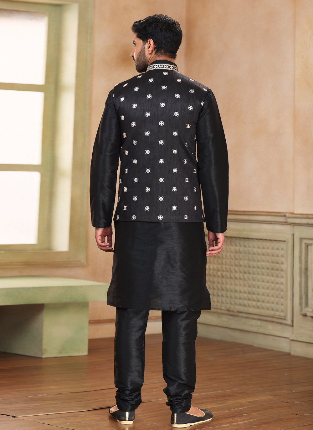 Kurta Payjama With Jacket Jacquard Silk Black Fancy Work Mens