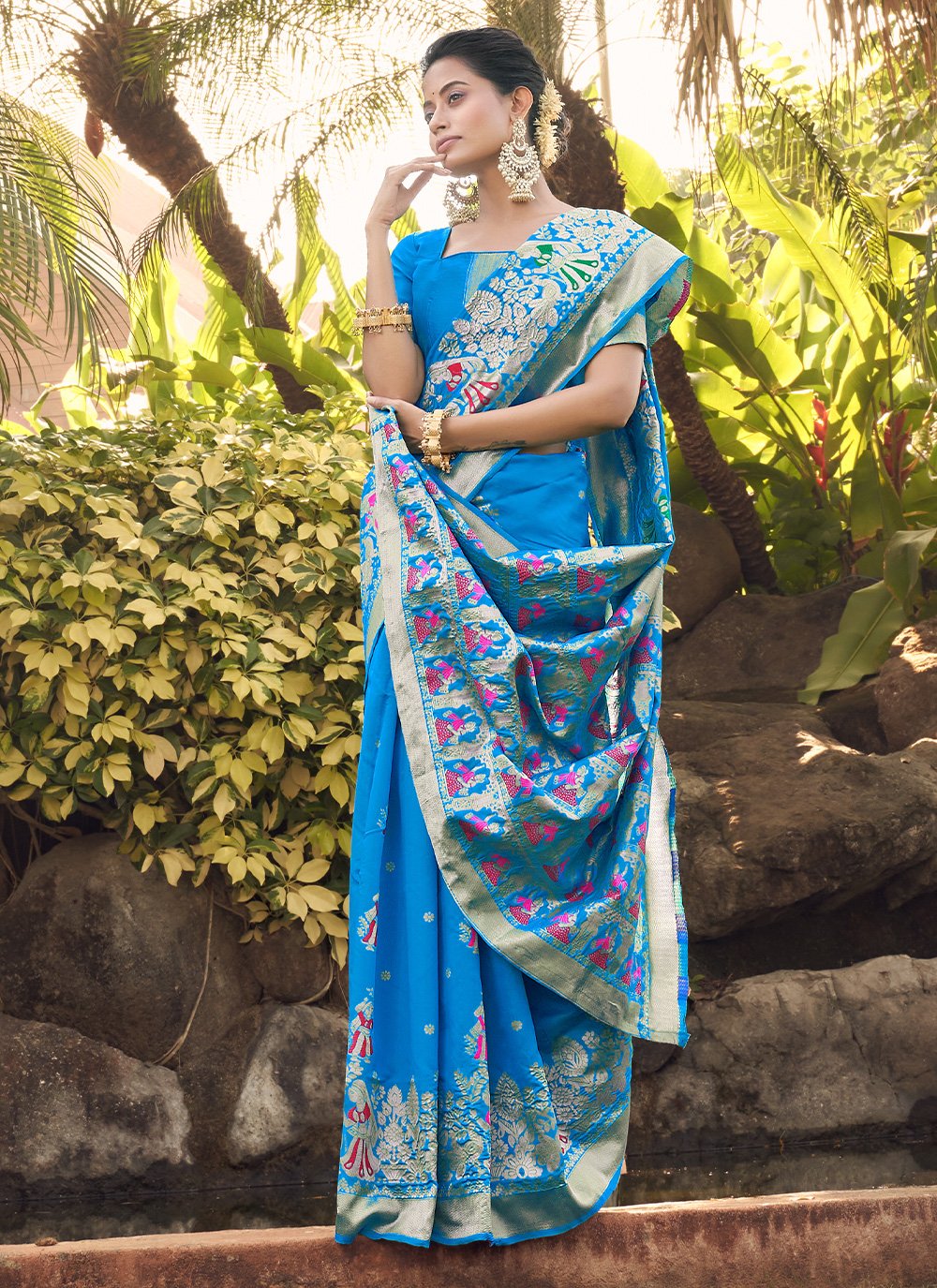 Classic Jacquard Silk Aqua Blue Jacquard Work Saree