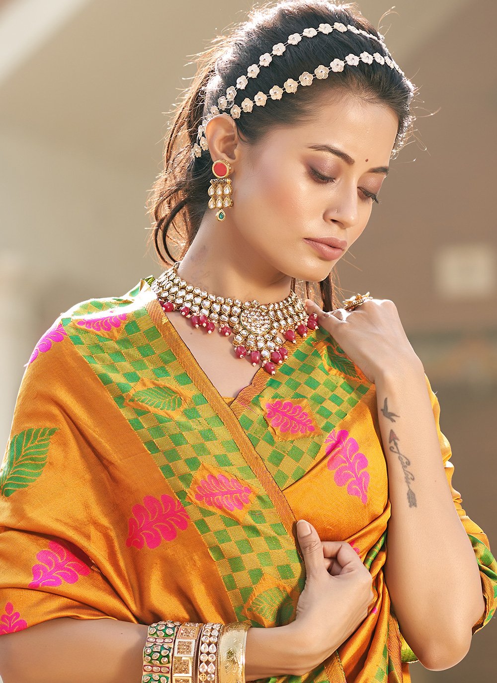 Classic Jacquard Silk Mustard Jacquard Work Saree