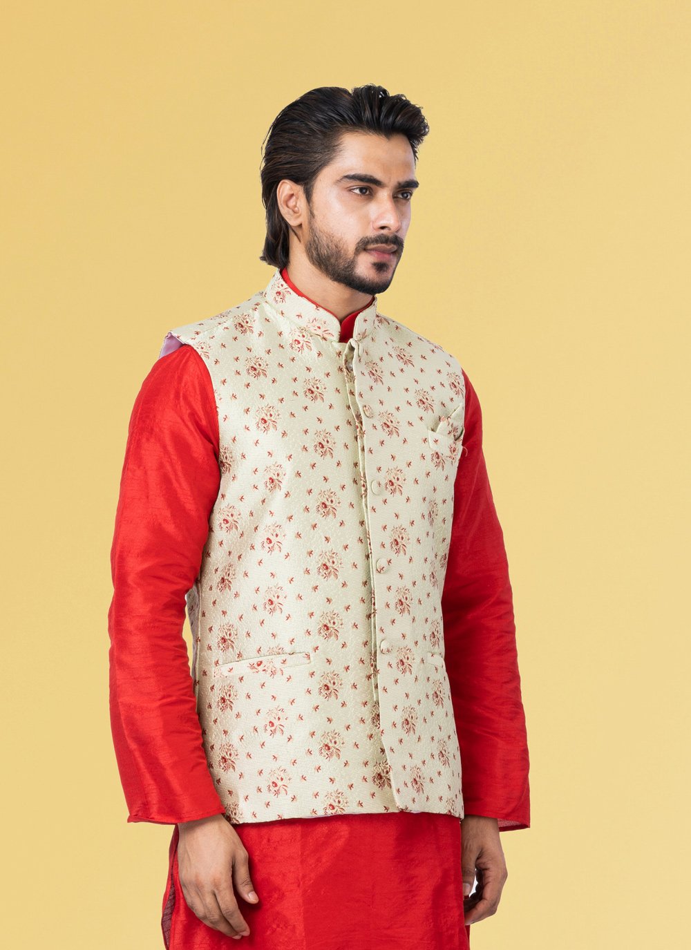 Nehru Jackets Jacquard Silk Cream Embroidered Mens