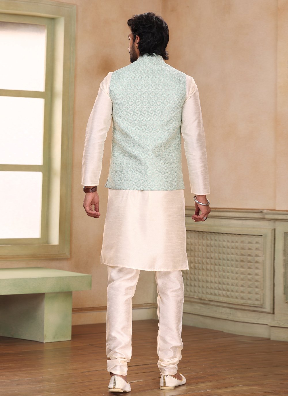 Kurta Payjama With Jacket Jacquard Silk Cream Green Fancy Work Mens