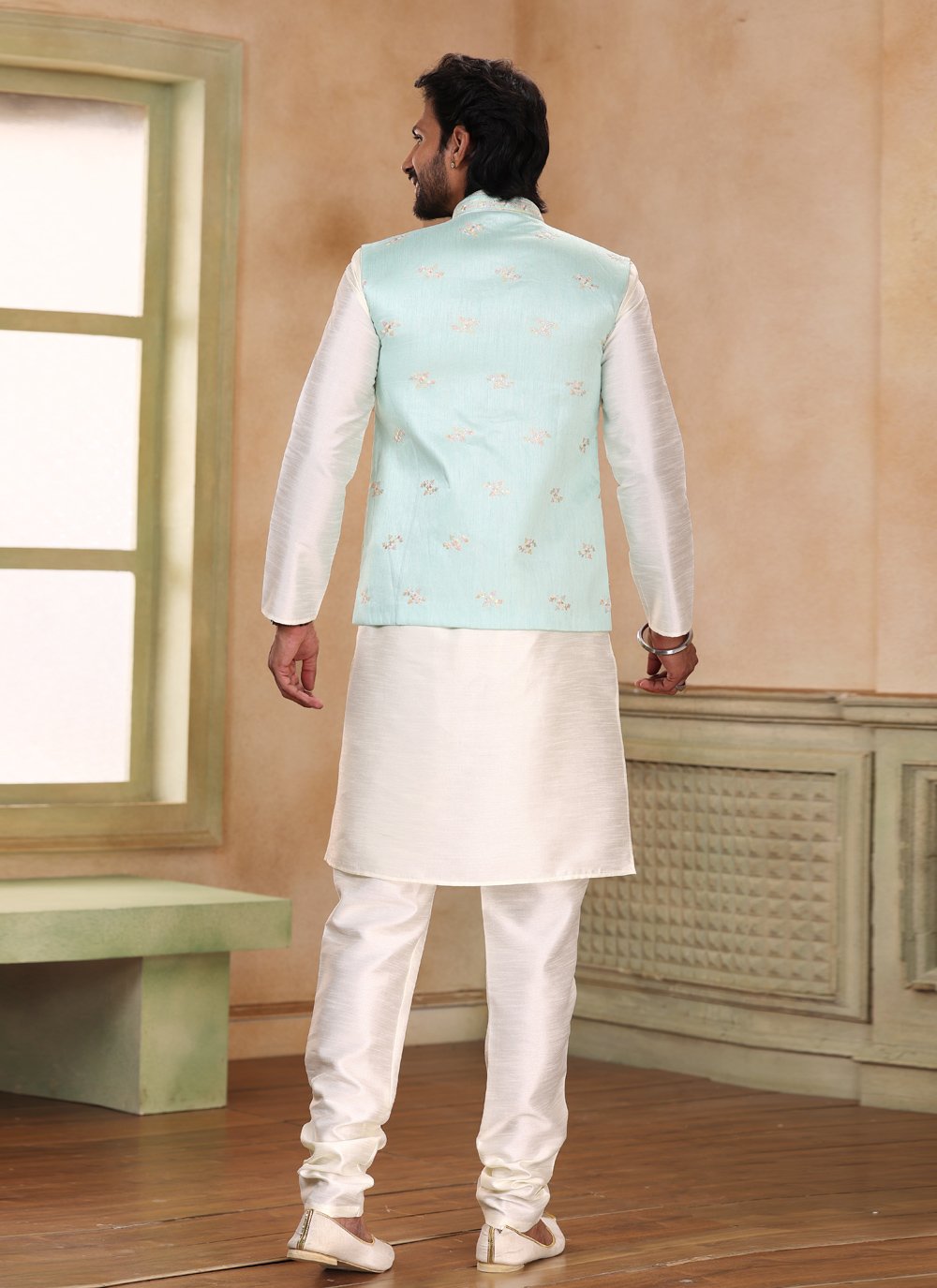 Kurta Payjama With Jacket Jacquard Silk Cream Green Fancy Work Mens