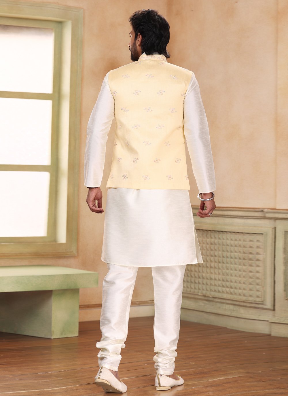 Kurta Payjama With Jacket Jacquard Silk Cream Yellow Fancy Work Mens