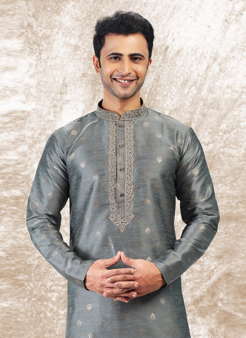 Kurta Pyjama Brocade Jacquard Silk Grey Fancy Work Mens