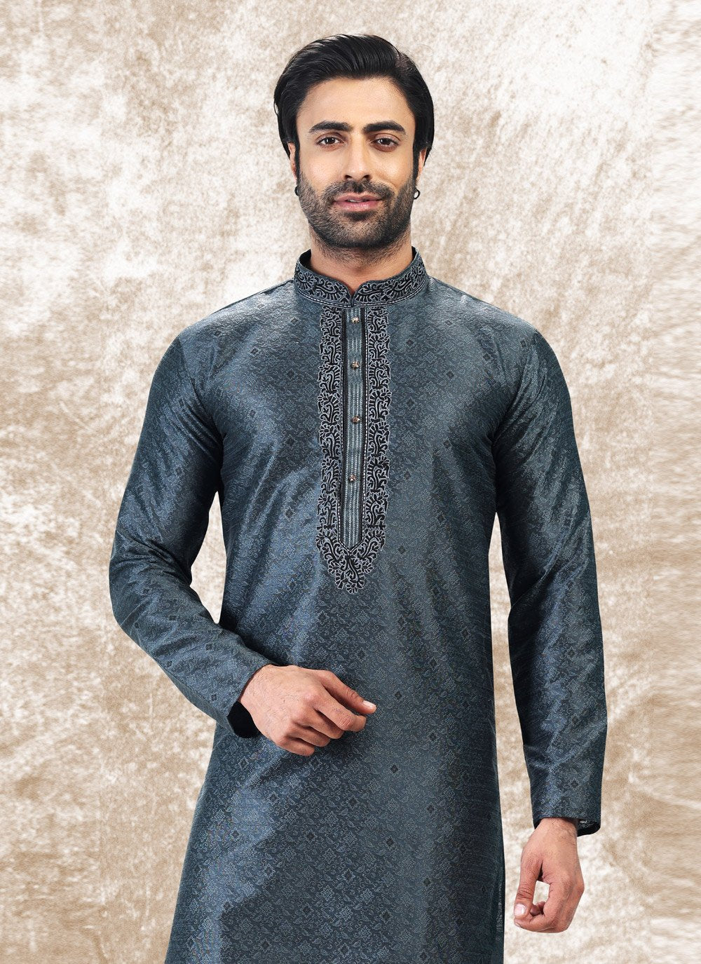 Kurta Pyjama Brocade Jacquard Silk Grey Fancy Work Mens