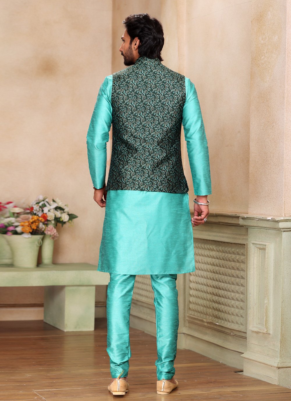 Kurta Payjama With Jacket Jacquard Silk Green Turquoise Fancy Work Mens