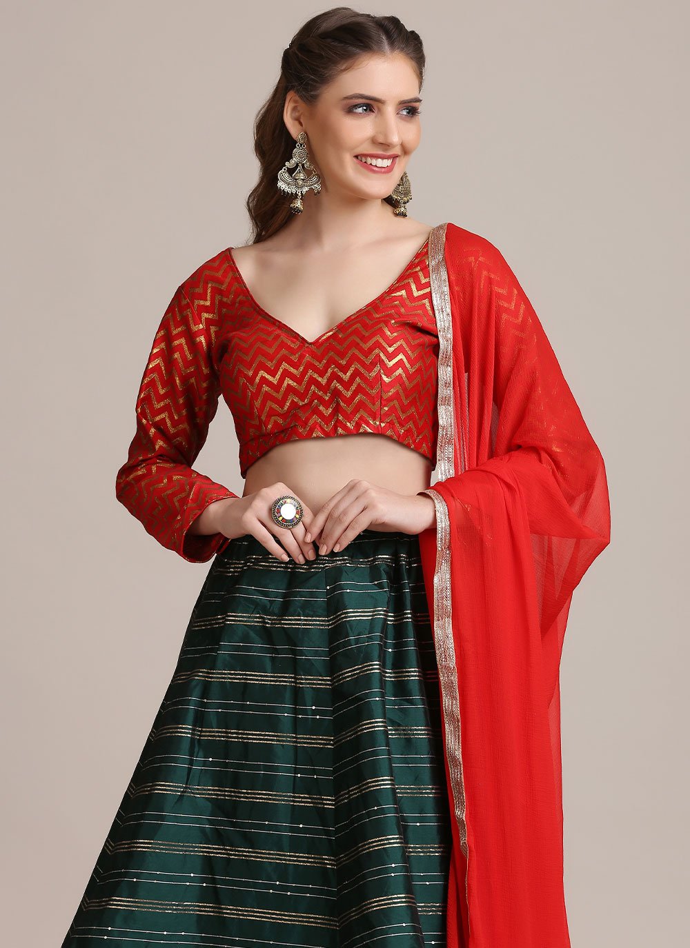 A Line Lehenga Jacquard Silk Green Woven Lehenga Choli