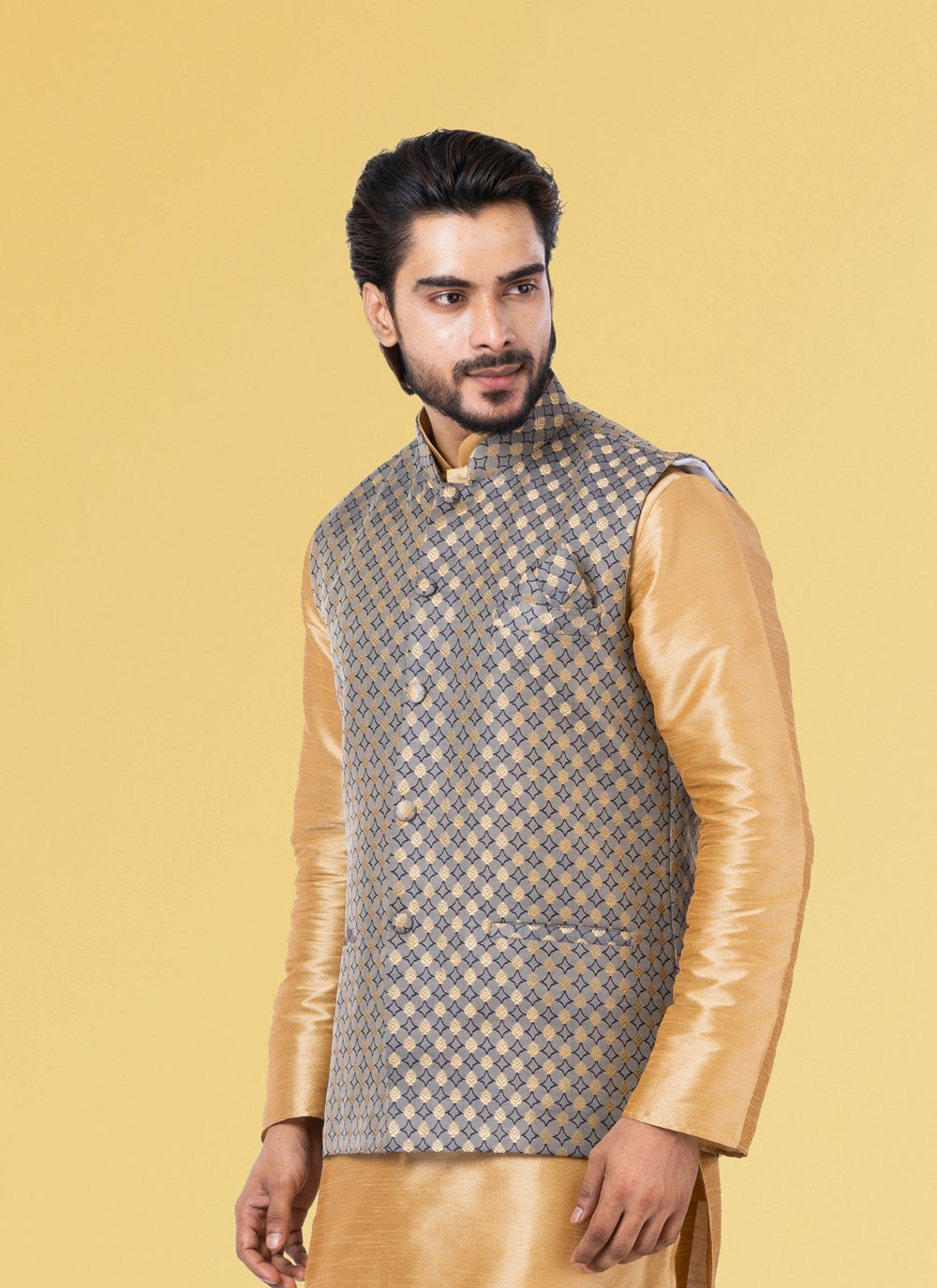 Nehru Jackets Jacquard Silk Grey Embroidered Mens
