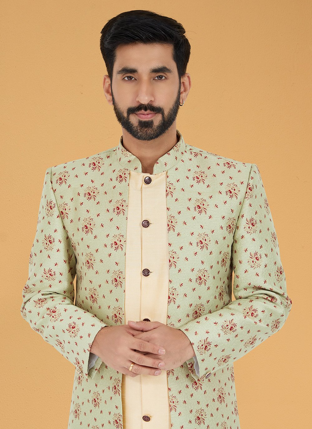 Indo Western Banarasi Silk Jacquard Silk Gold Green Embroidered Mens