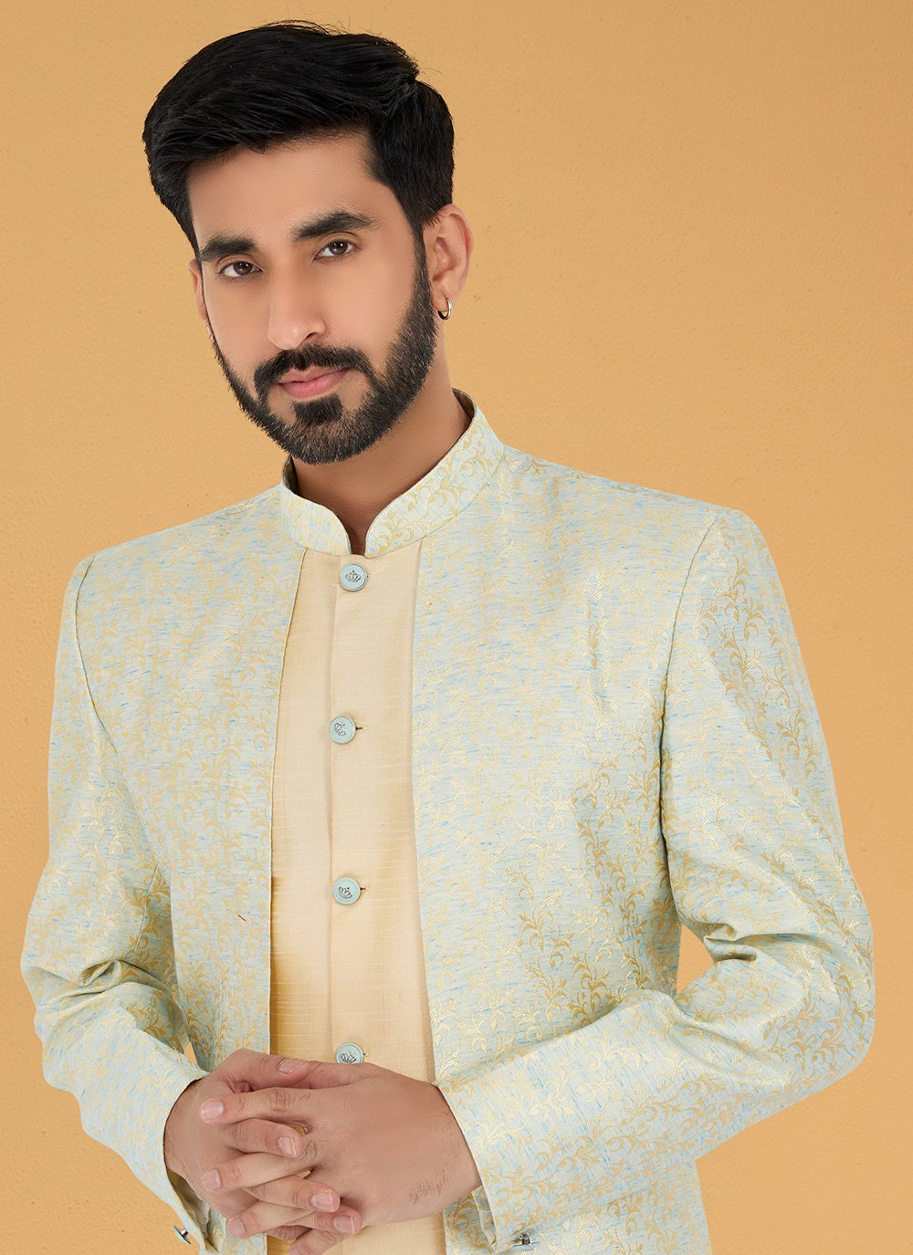 Indo Western Banarasi Silk Jacquard Silk Gold Multi Colour Embroidered Mens