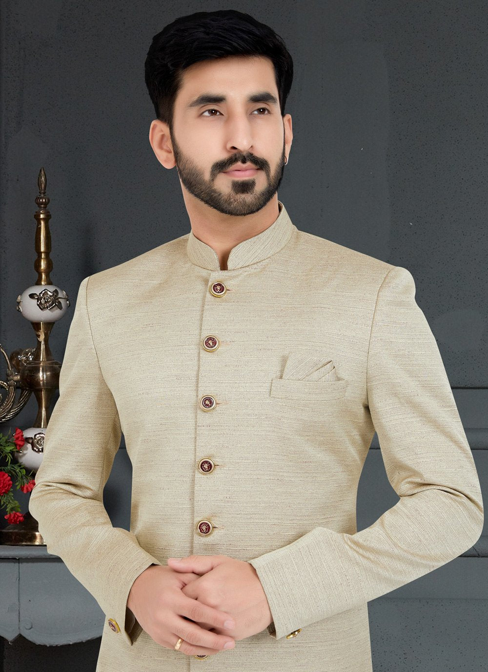 Indo Western Jacquard Silk Off White Weaving Mens