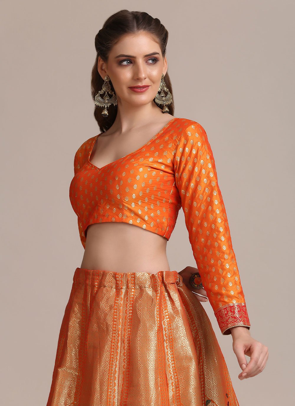 Lehenga Choli Jacquard Silk Orange Woven Lehenga Choli