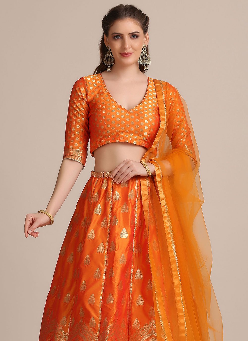 Lehenga Choli Jacquard Silk Orange Woven Lehenga Choli