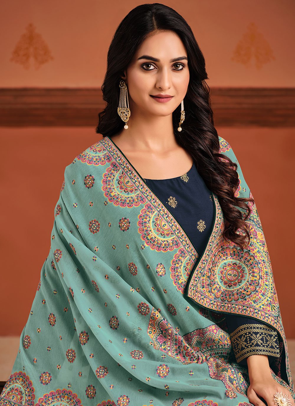 Pant Style Suit Jacquard Silk Blue Swarovski Salwar Kameez