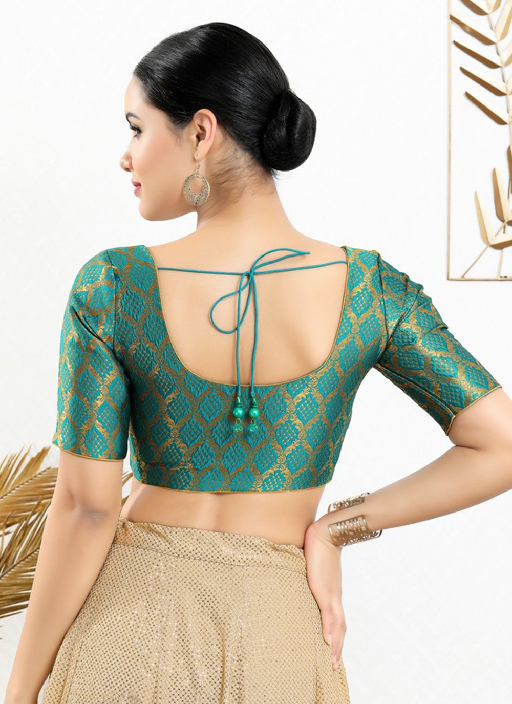 Designer Blouse Jacquard Teal Jacquard Work Blouse