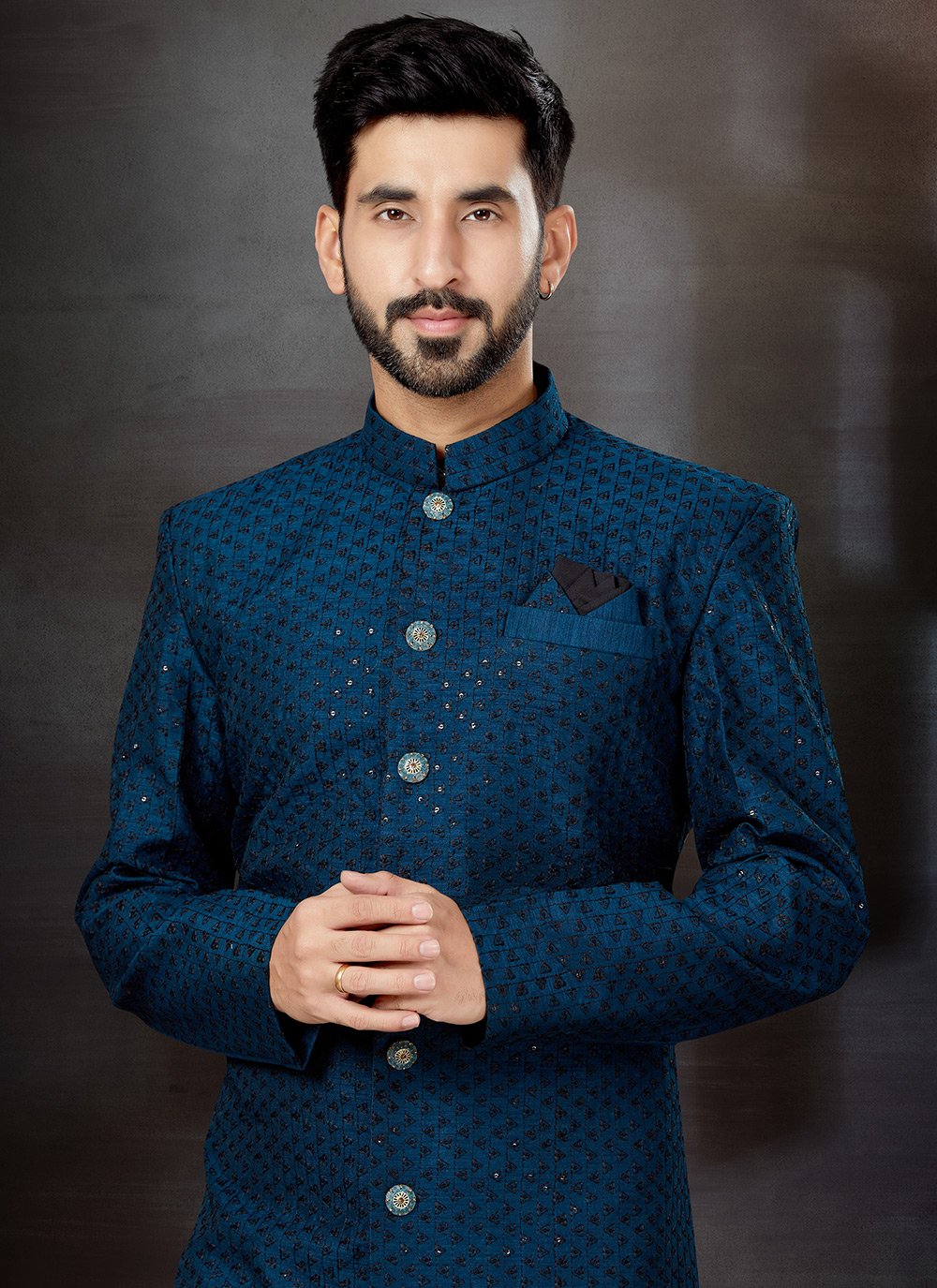 Indo Western Sherwani Jacquard Blue Embroidered Mens
