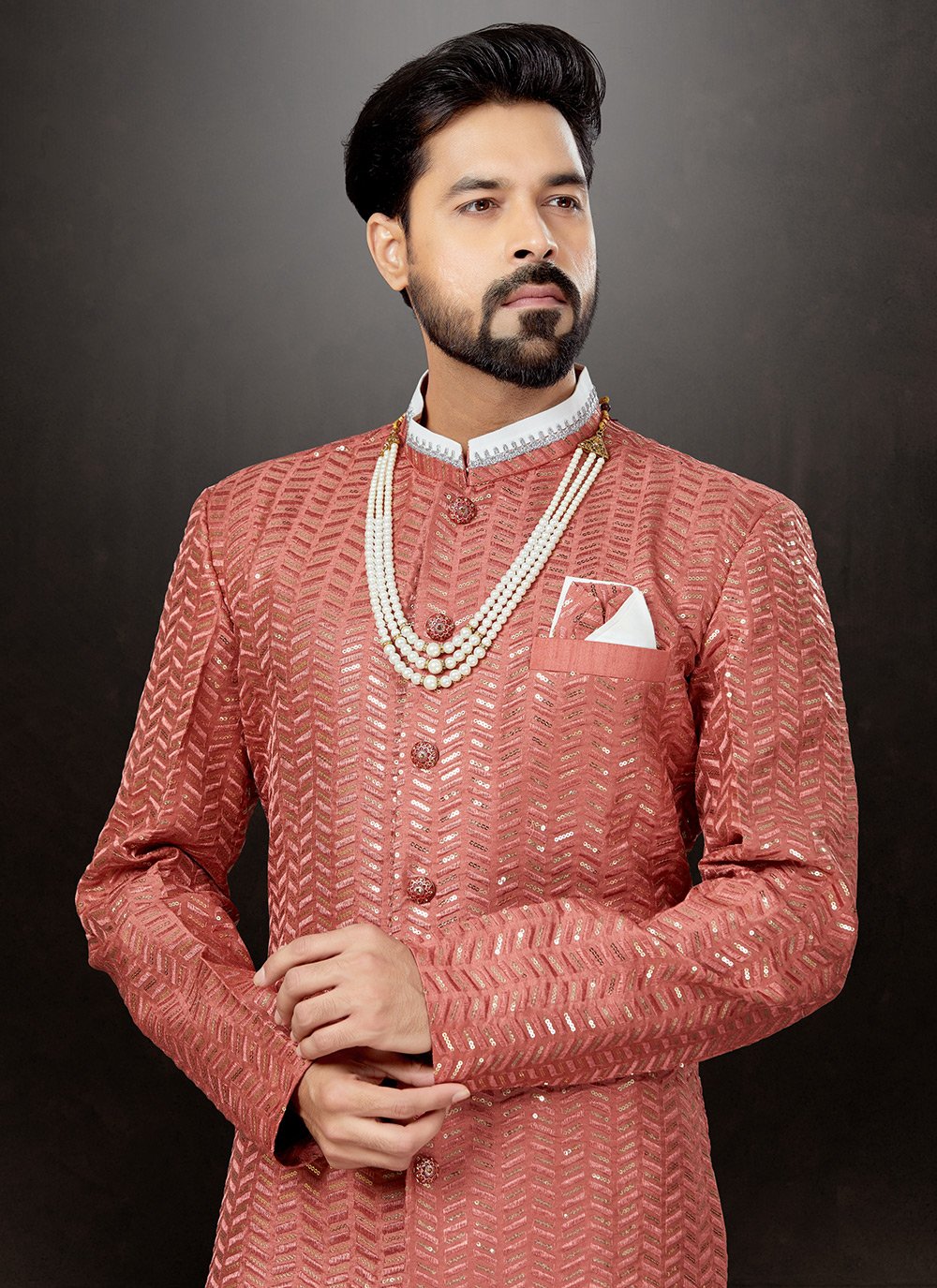 Indo Western Sherwani Jacquard Pink Embroidered Mens