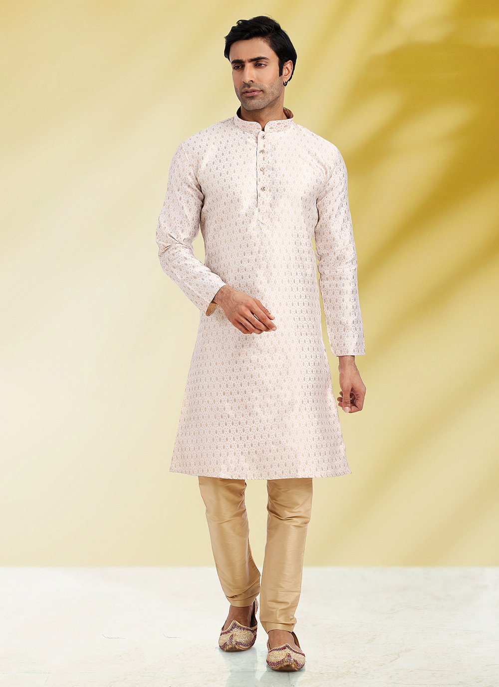 Kurta Pyjama Jacquard White Fancy Work Mens