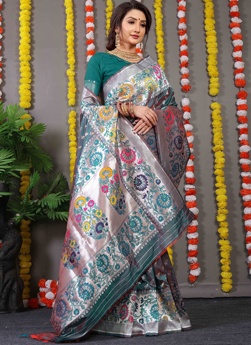 Contemporary Banarasi Silk Teal Jacquard Work Saree