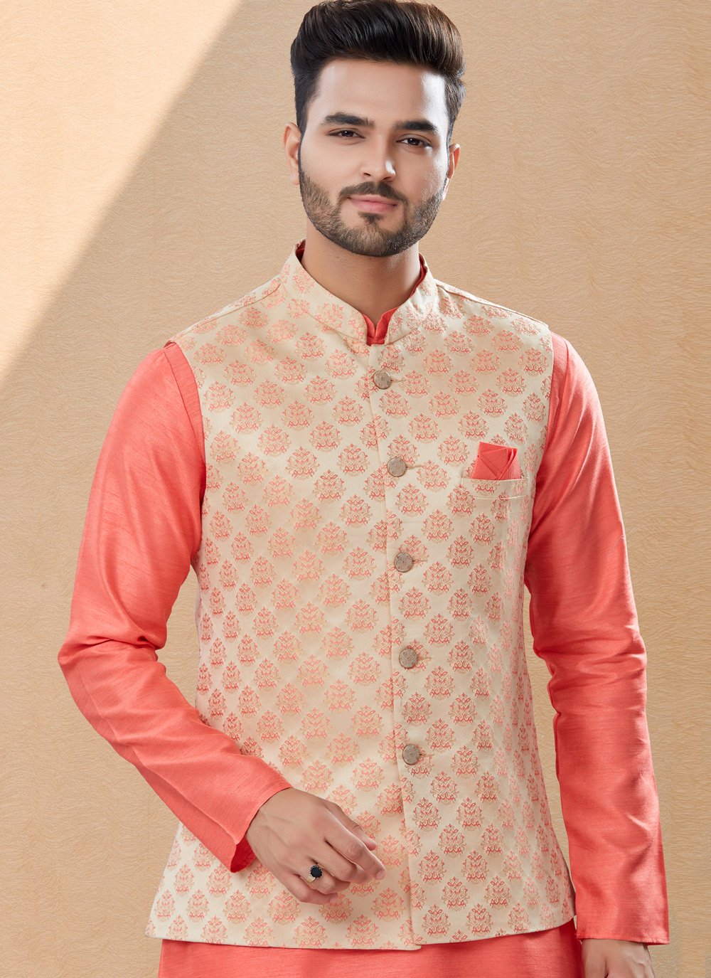 Kurta Payjama With Jacket Banarasi Silk Dupion Silk Cream Peach Jacquard Work Mens