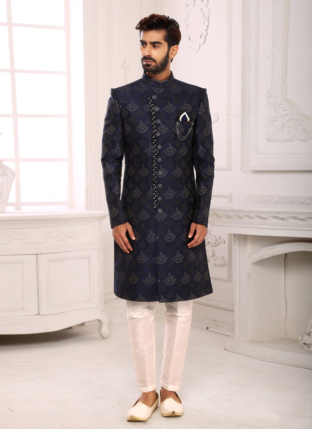 Indo Western Sherwani Imported Blue Jacquard Work Mens