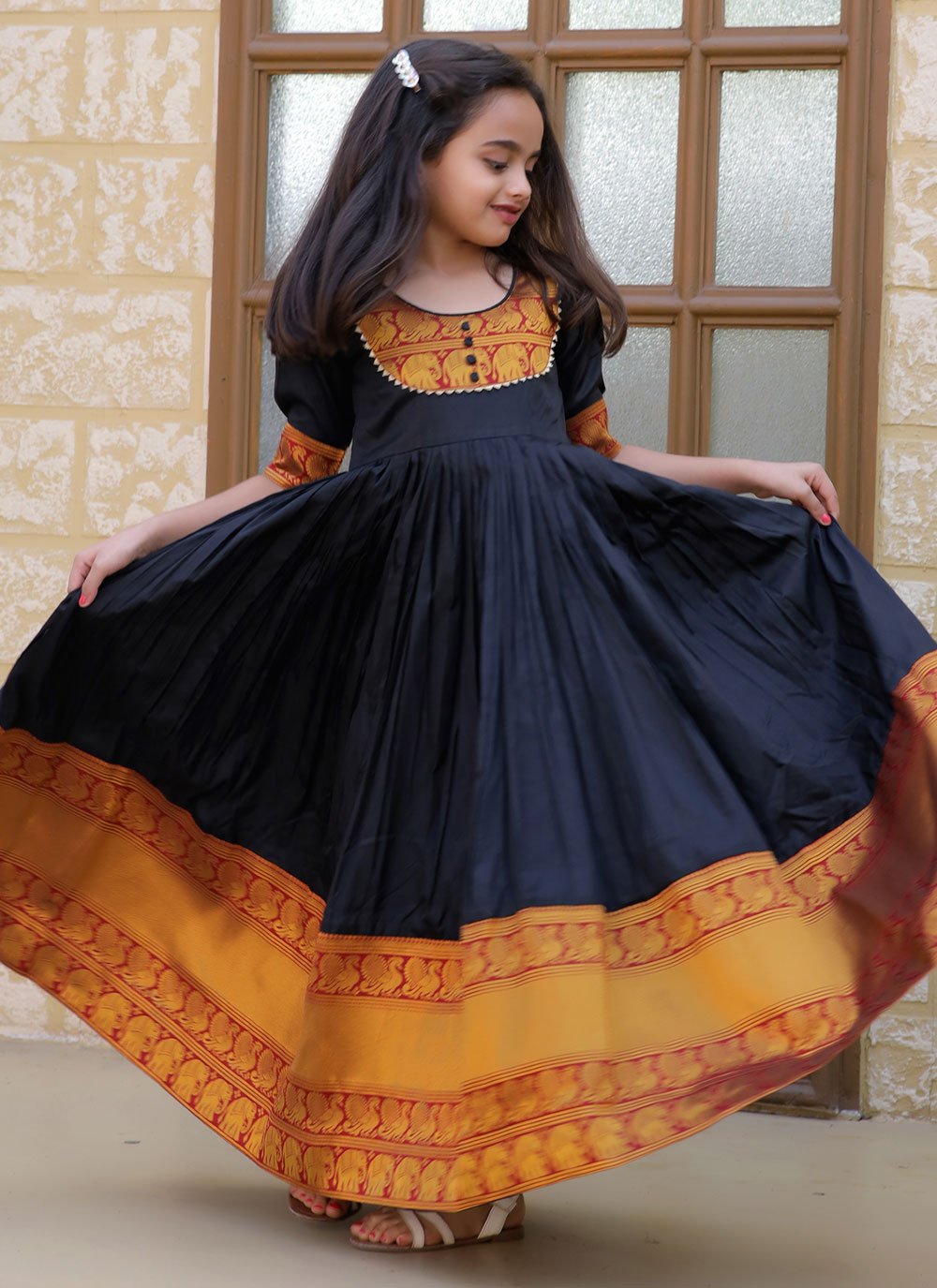 Gown Silk Black Jacquard Work Kids