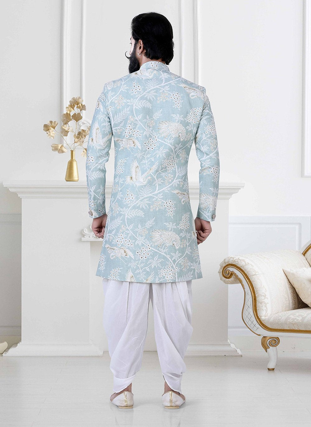 Indo Western Jacquard Blue Woven Mens