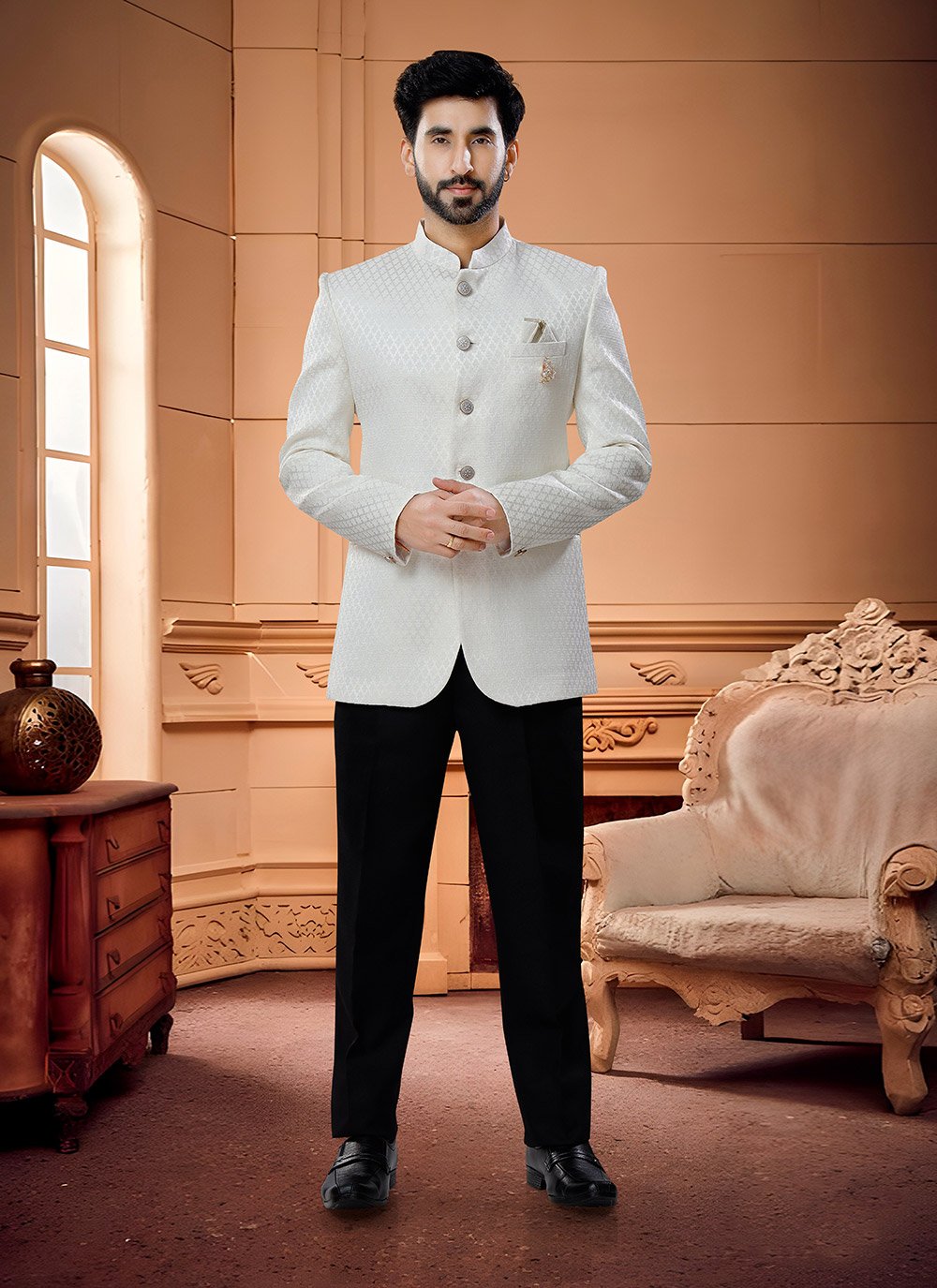 Jodhpuri Suit Jacquard Cream Fancy Work Mens Kajols Indian Pakistani Fashion Tailoring