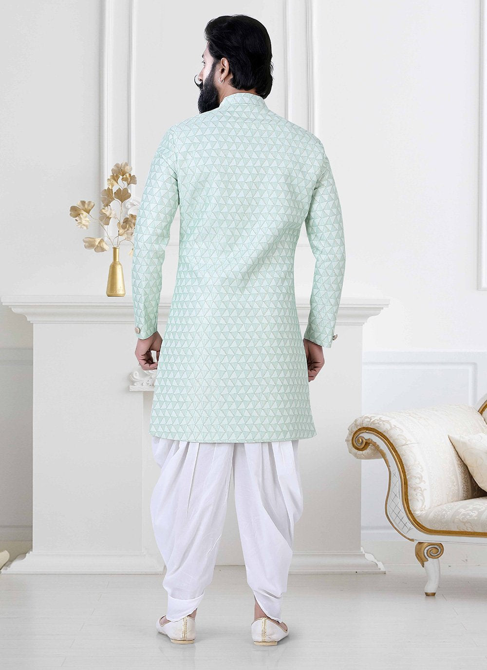 Indo Western Jacquard Green Woven Mens
