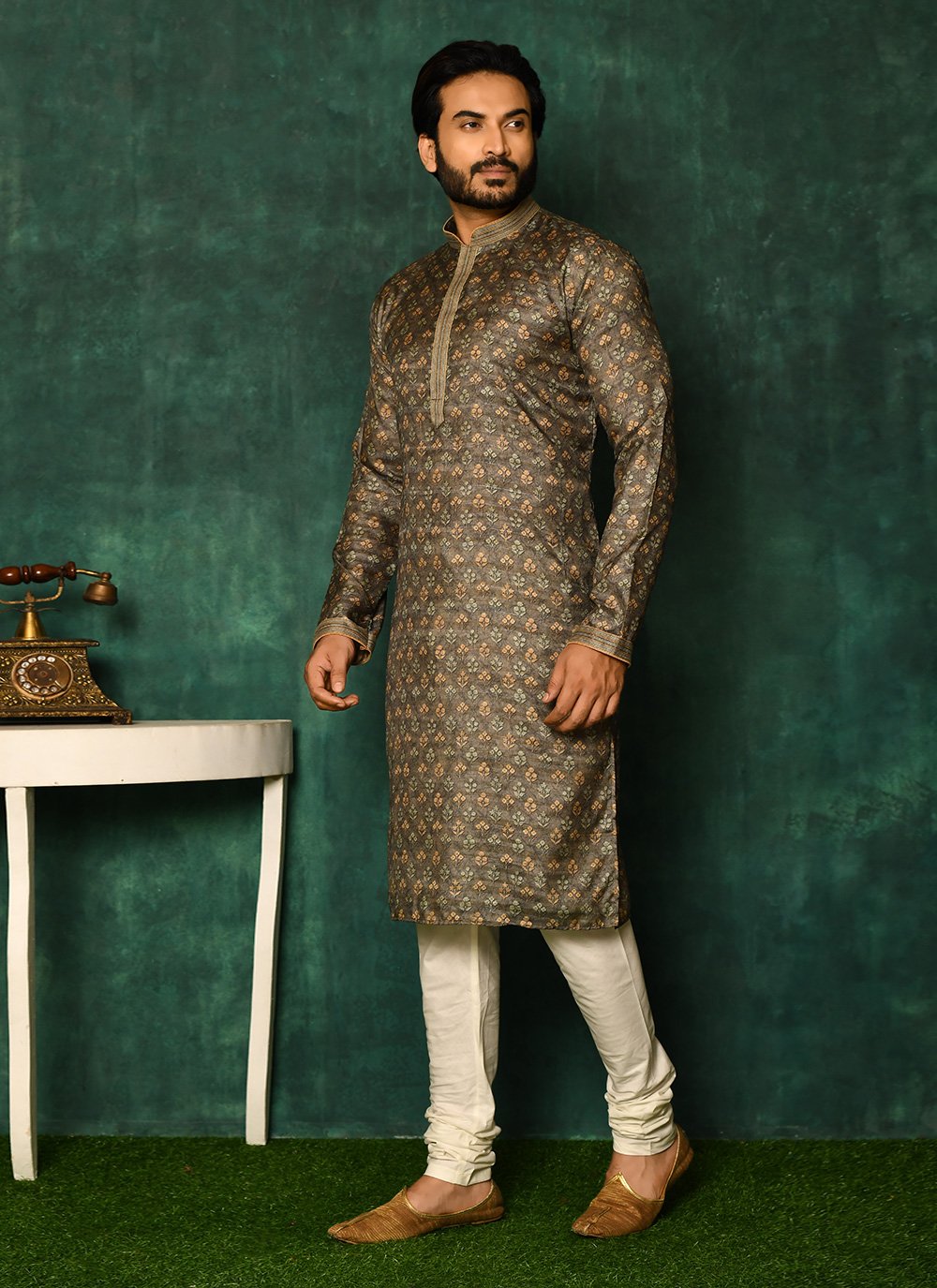 Kurta Pyjama Jacquard Grey Woven Mens