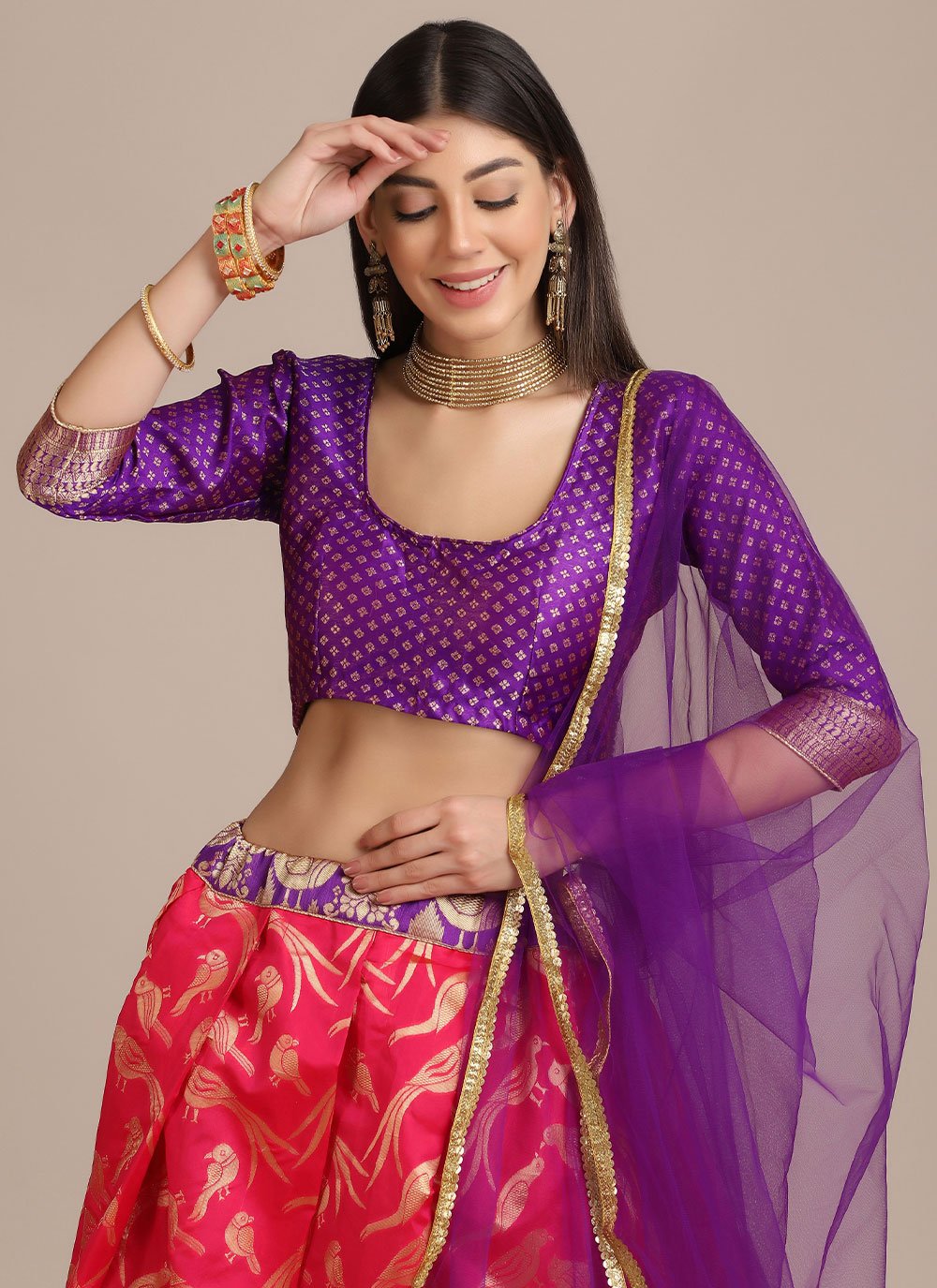 Lehenga Choli Jacquard Pink Woven Lehenga Choli
