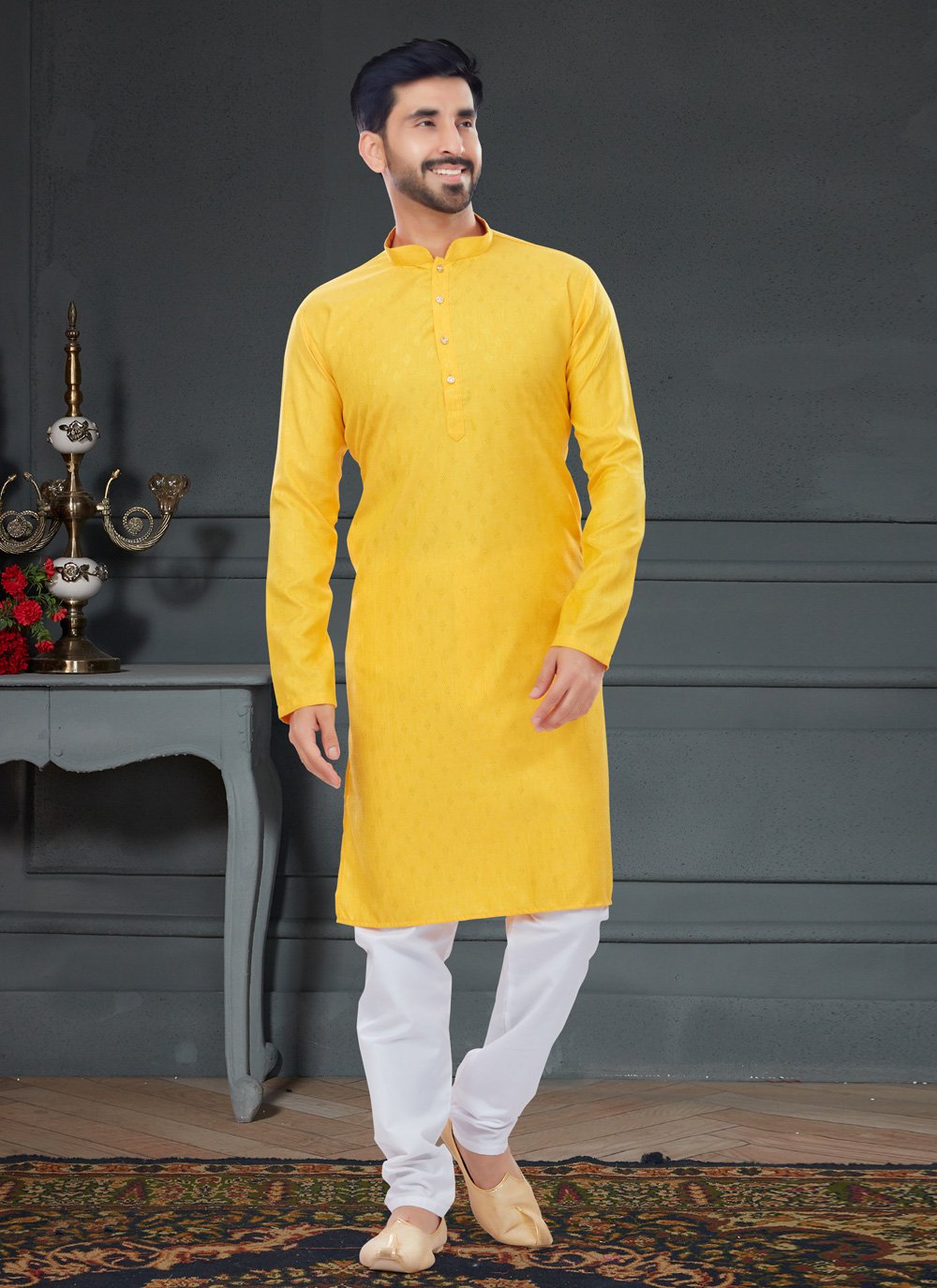 Kurta Pyjama Cotton Jacquard Yellow Fancy Work Mens