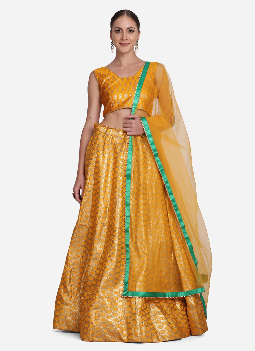 A Line Lehenga Jacquard Yellow Woven Lehenga Choli