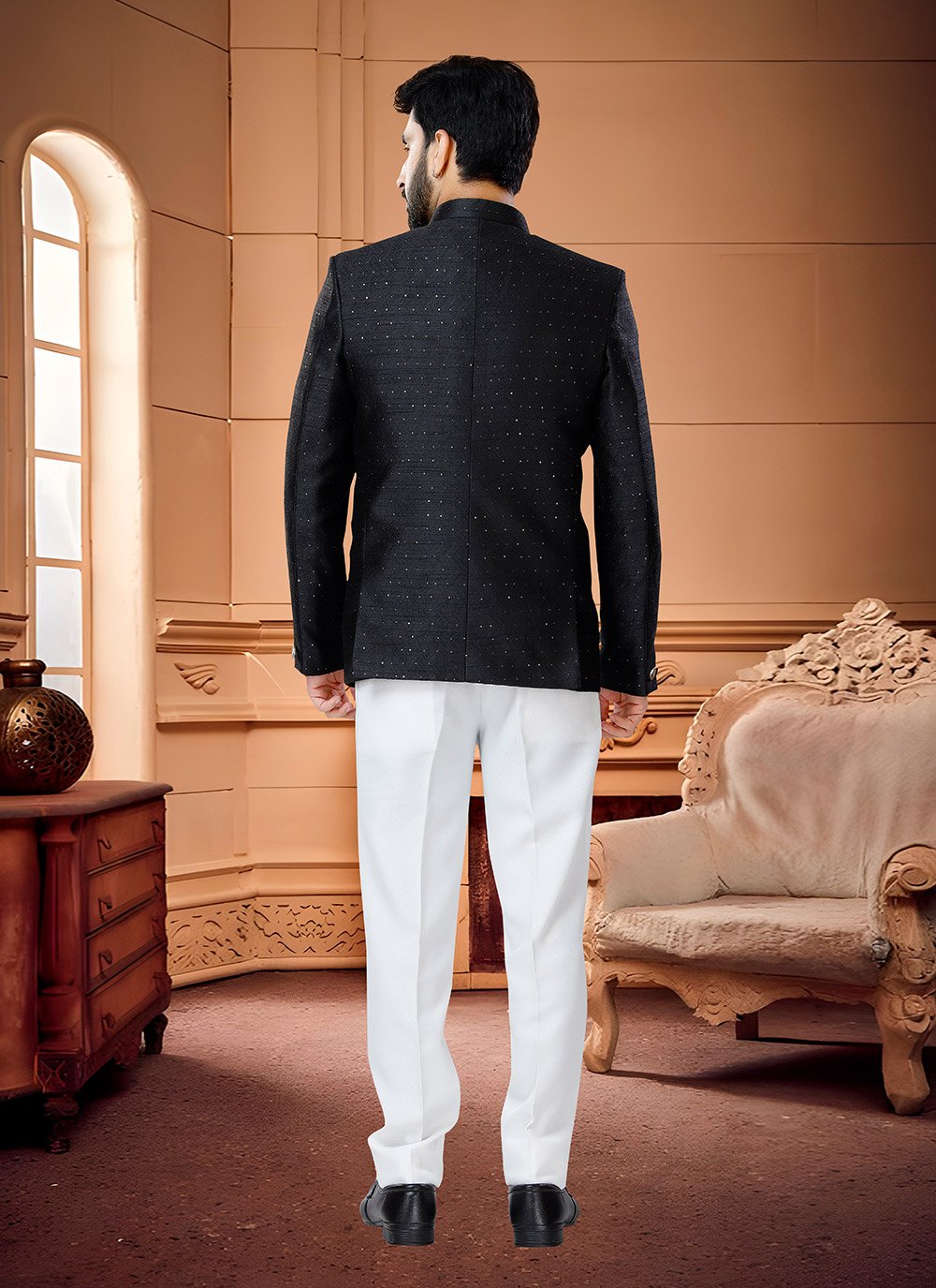 Jodhpuri Suit Jacquard Black Embroidered Mens