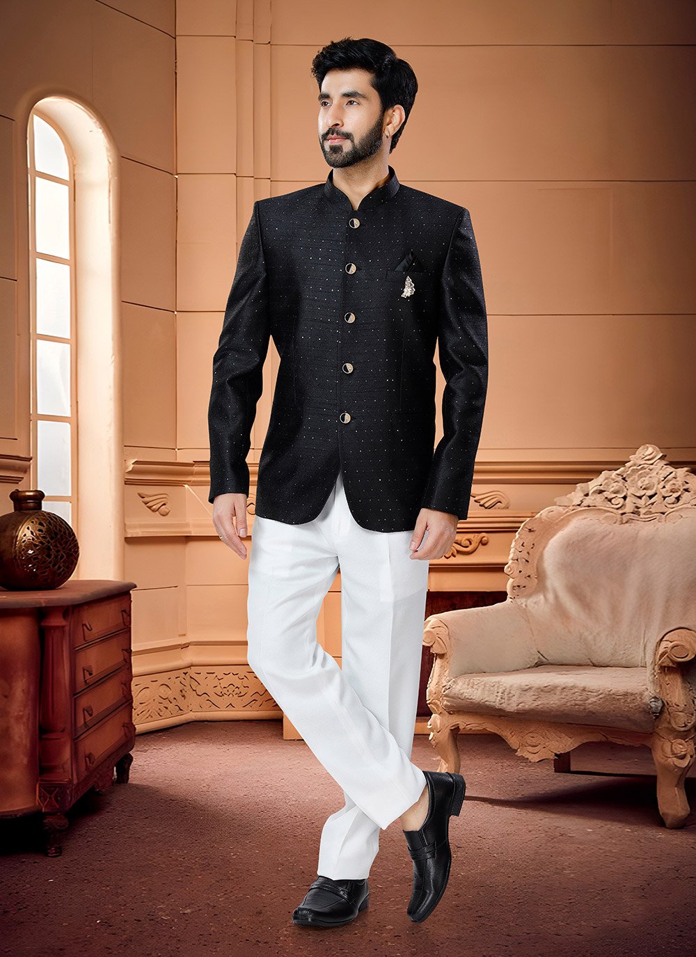 Jodhpuri Suit Jacquard Black Embroidered Mens – Kajols Indian