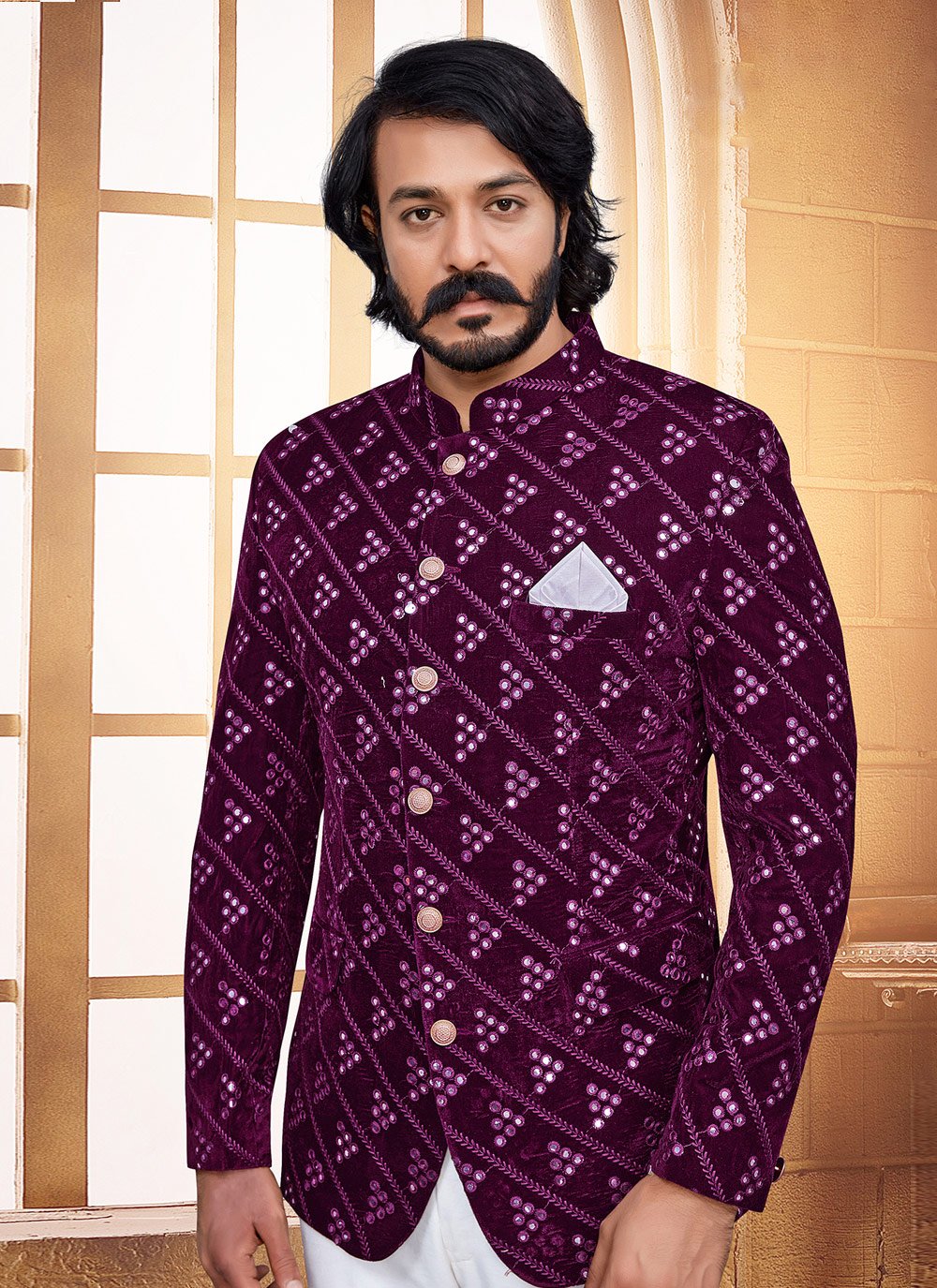 Jodhpuri Suit Velvet Purple Embroidered Mens