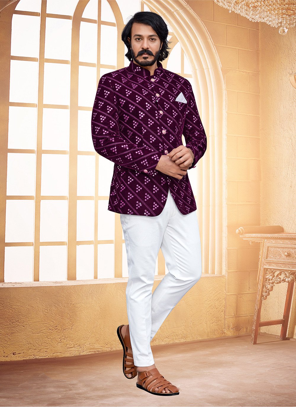 Jodhpuri Suit Velvet Purple Embroidered Mens