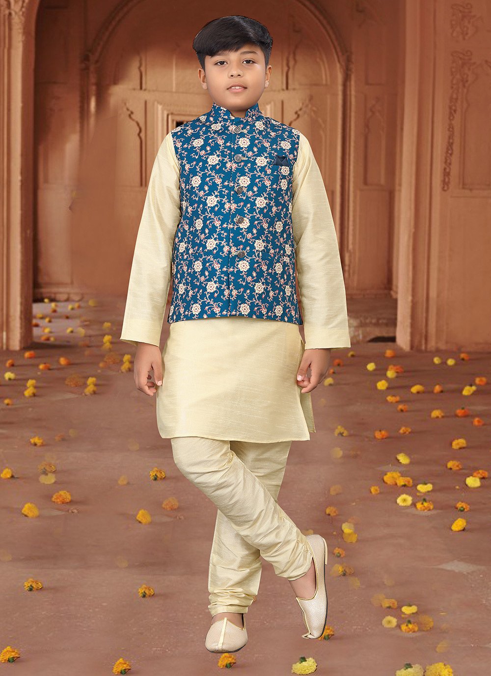 Kurta Payjama With Jacket Jute Silk Cream Teal Digital Print Kids