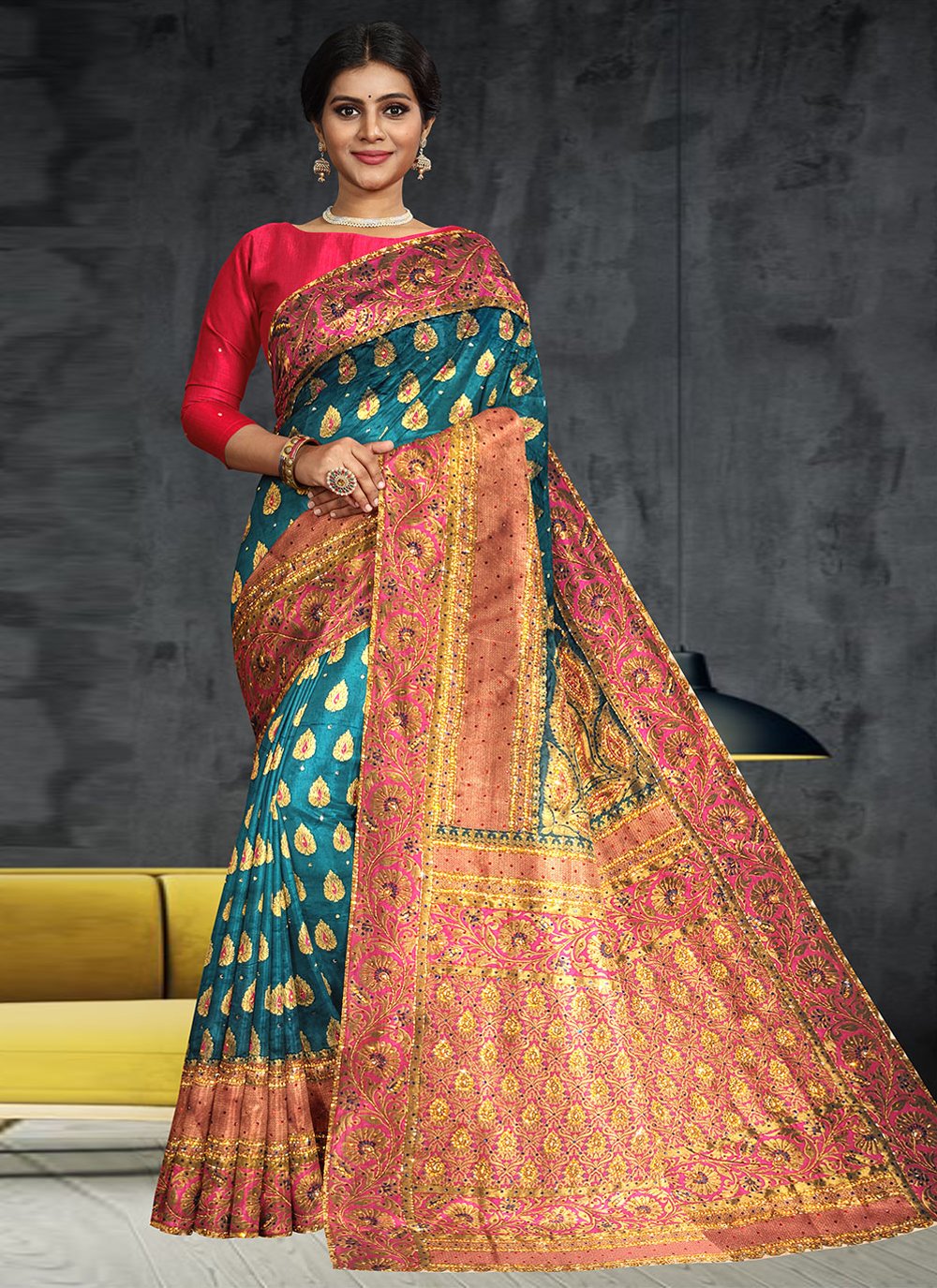 Contemporary Kanchipuram Silk Rama Hand Work Saree