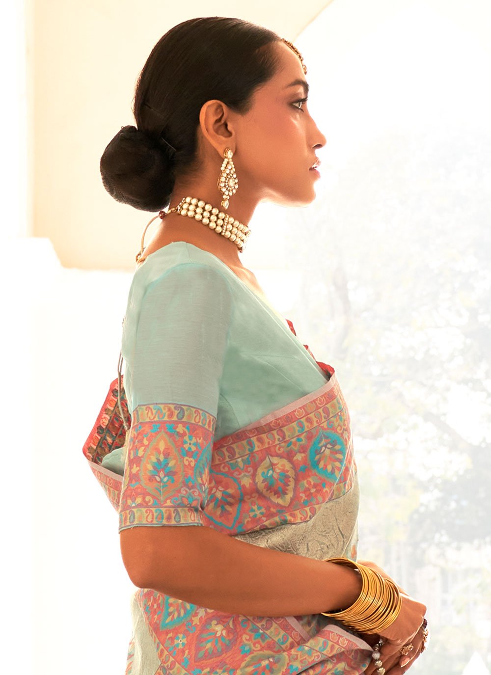 Contemporary Pashmina Aqua Blue Kashmiri Saree