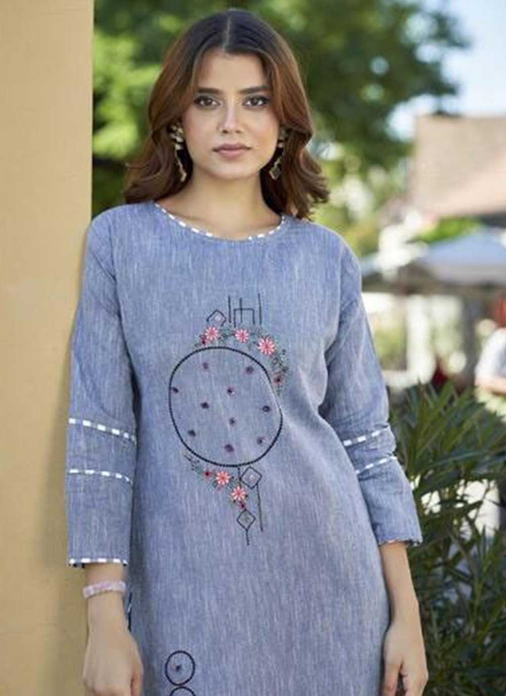 Designer Kurti Cotton Khadi Grey Embroidered Kurtis