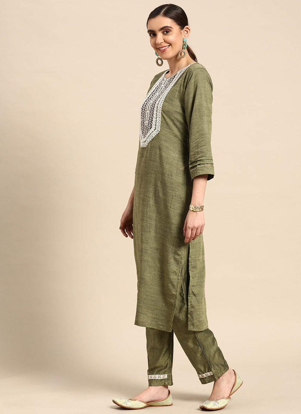 Salwar Suit Poly Cotton Khaki Embroidered Salwar Kameez