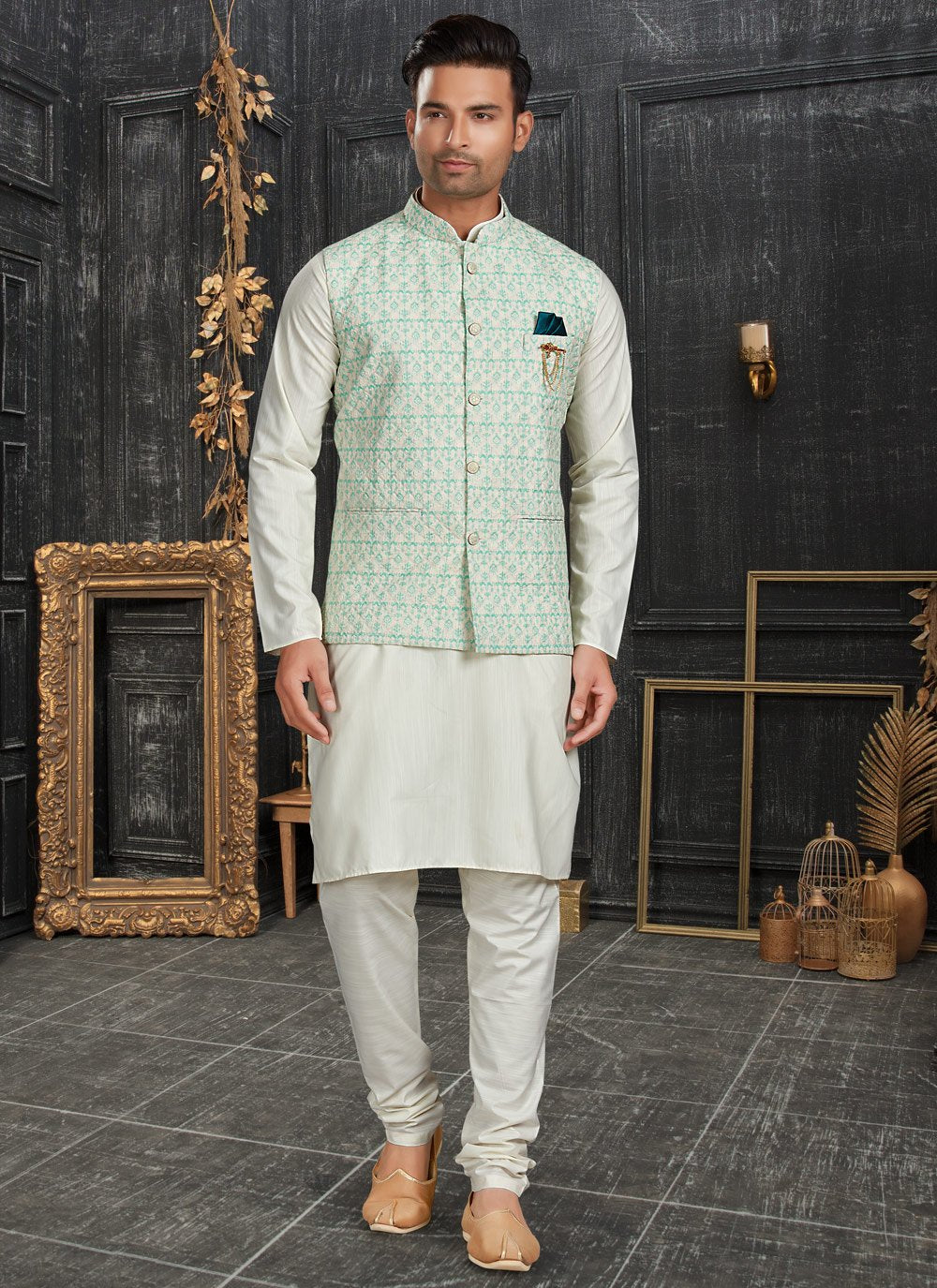 Kurta Payjama With Jacket Cotton Multi Colour Off White Chicken Mens