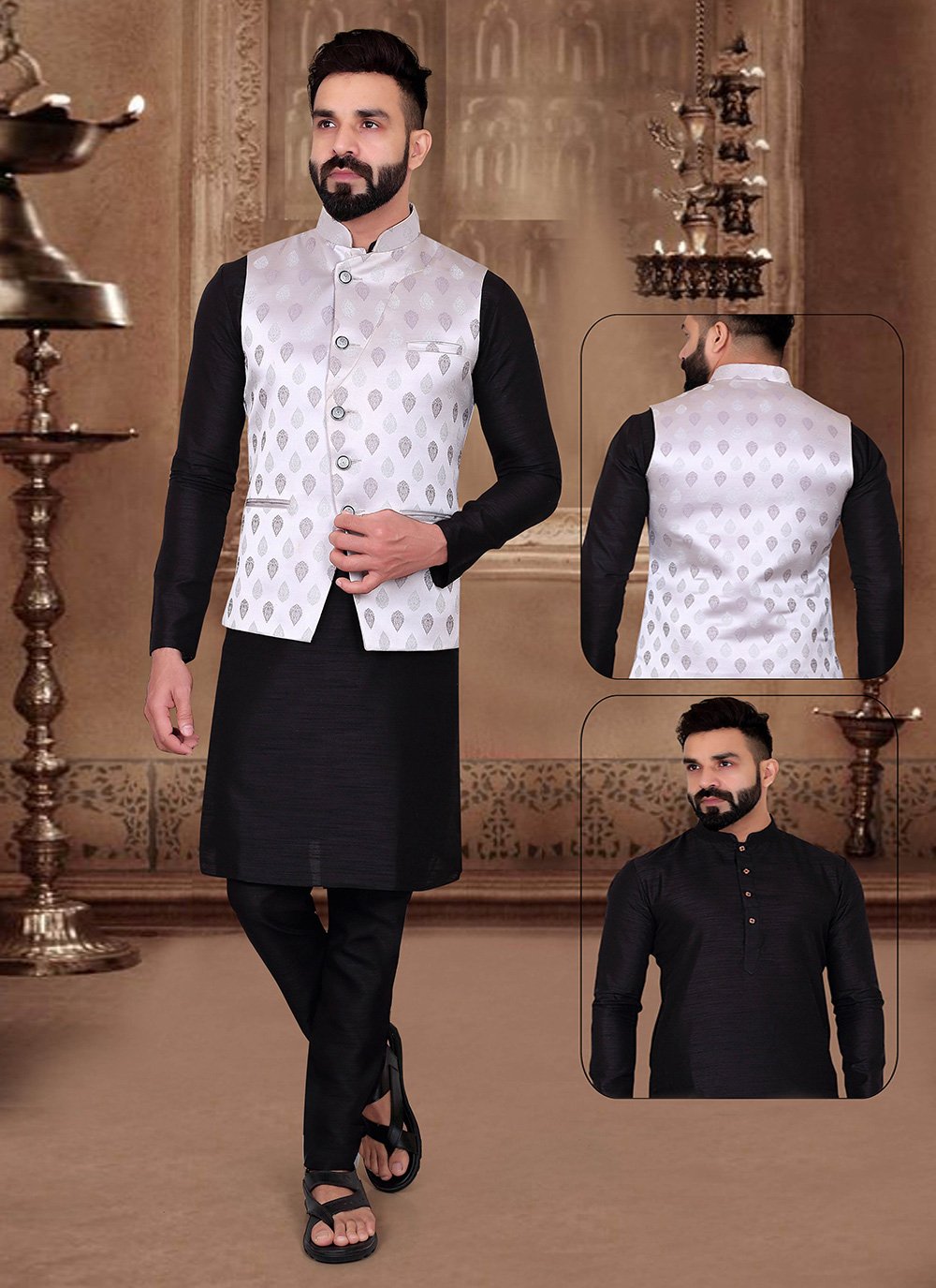 Kurta Payjama With Jacket Banarasi Jacquard Black Silver Embroidered Mens