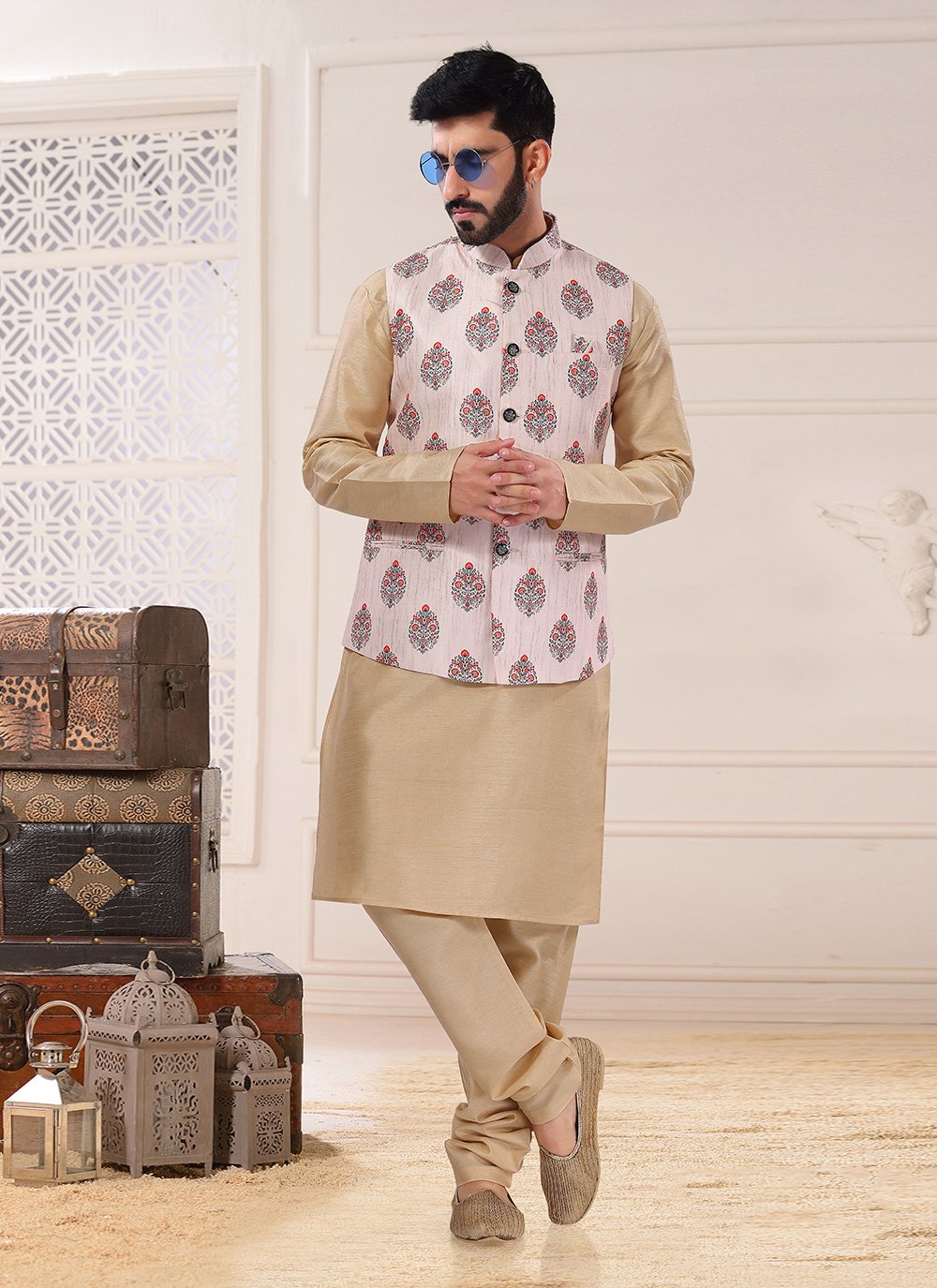 Kurta Payjama With Jacket Silk Beige Cream Embroidered Mens