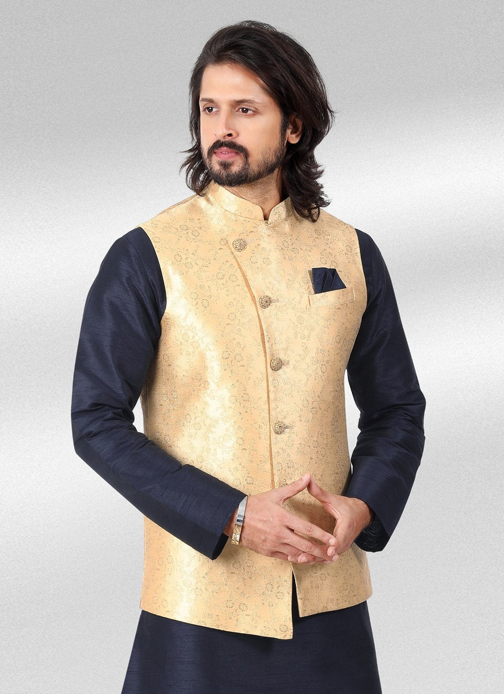 Kurta Payjama With Jacket Banarasi Jacquard Blue Cream Fancy Work Mens