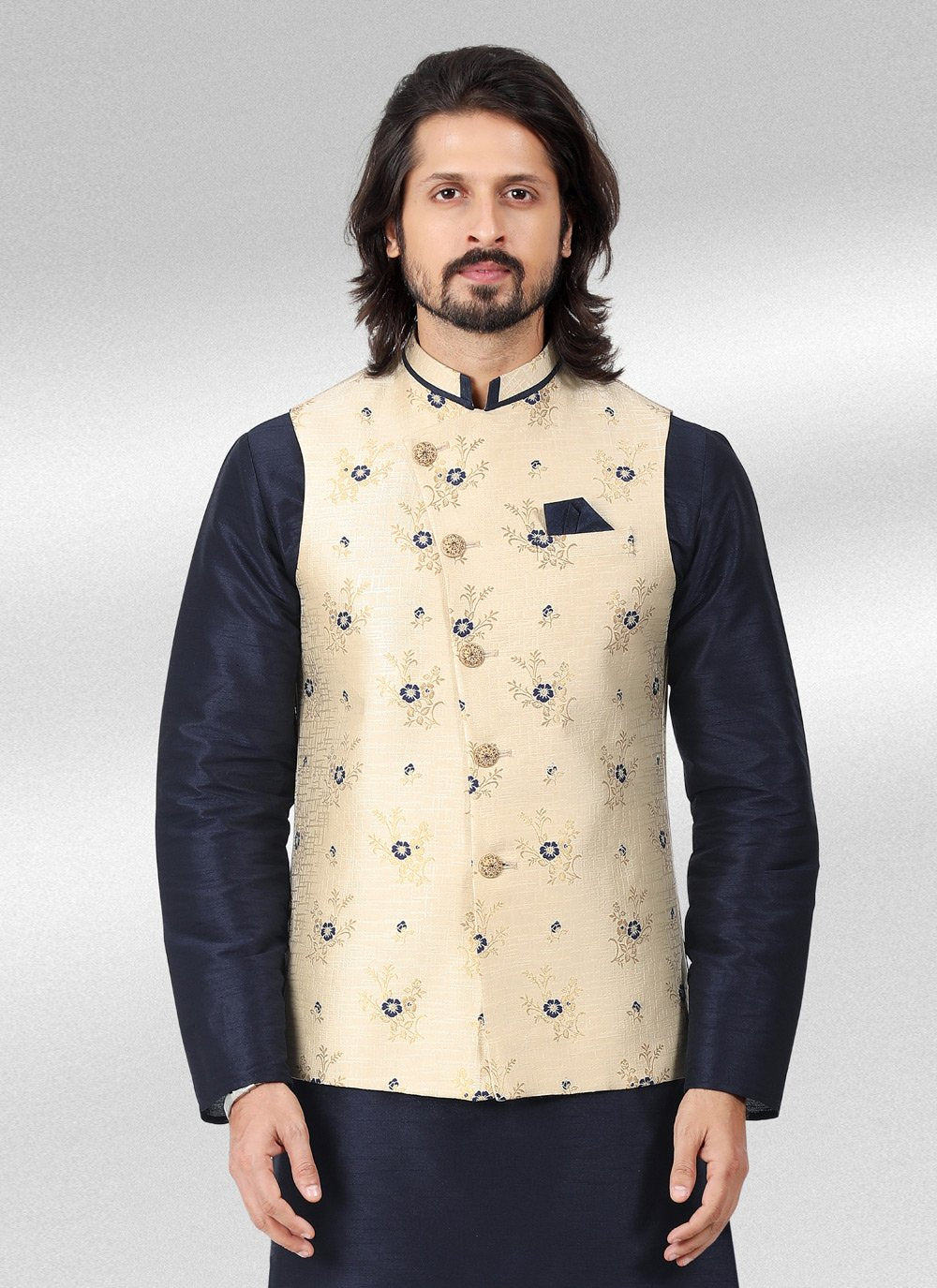 Kurta Payjama With Jacket Banarasi Jacquard Blue Cream Fancy Work Mens