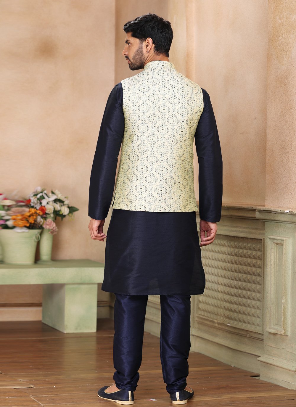 Kurta Payjama With Jacket Jacquard Silk Blue Cream Fancy Work Mens